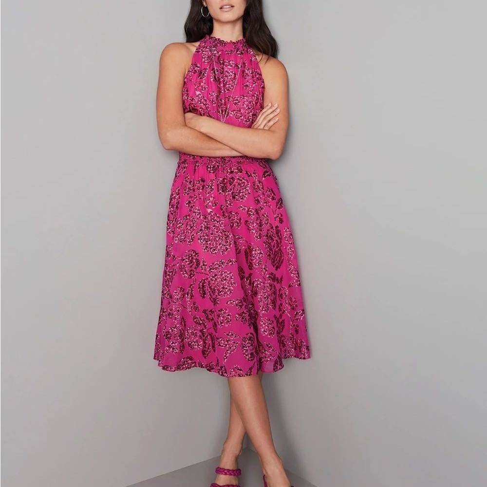 White House Black Market Pink Floral Halter Midi Dress, Size 2